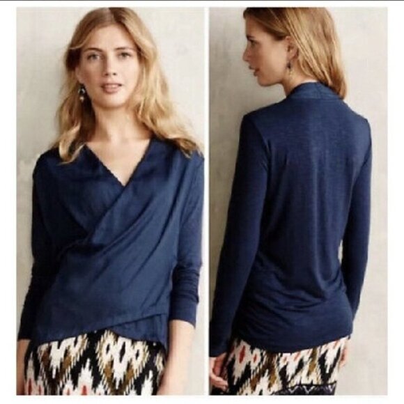 Anthropologie Dolan Blue Wrap Front Long Sleeve Blouse S - Picture 1 of 4